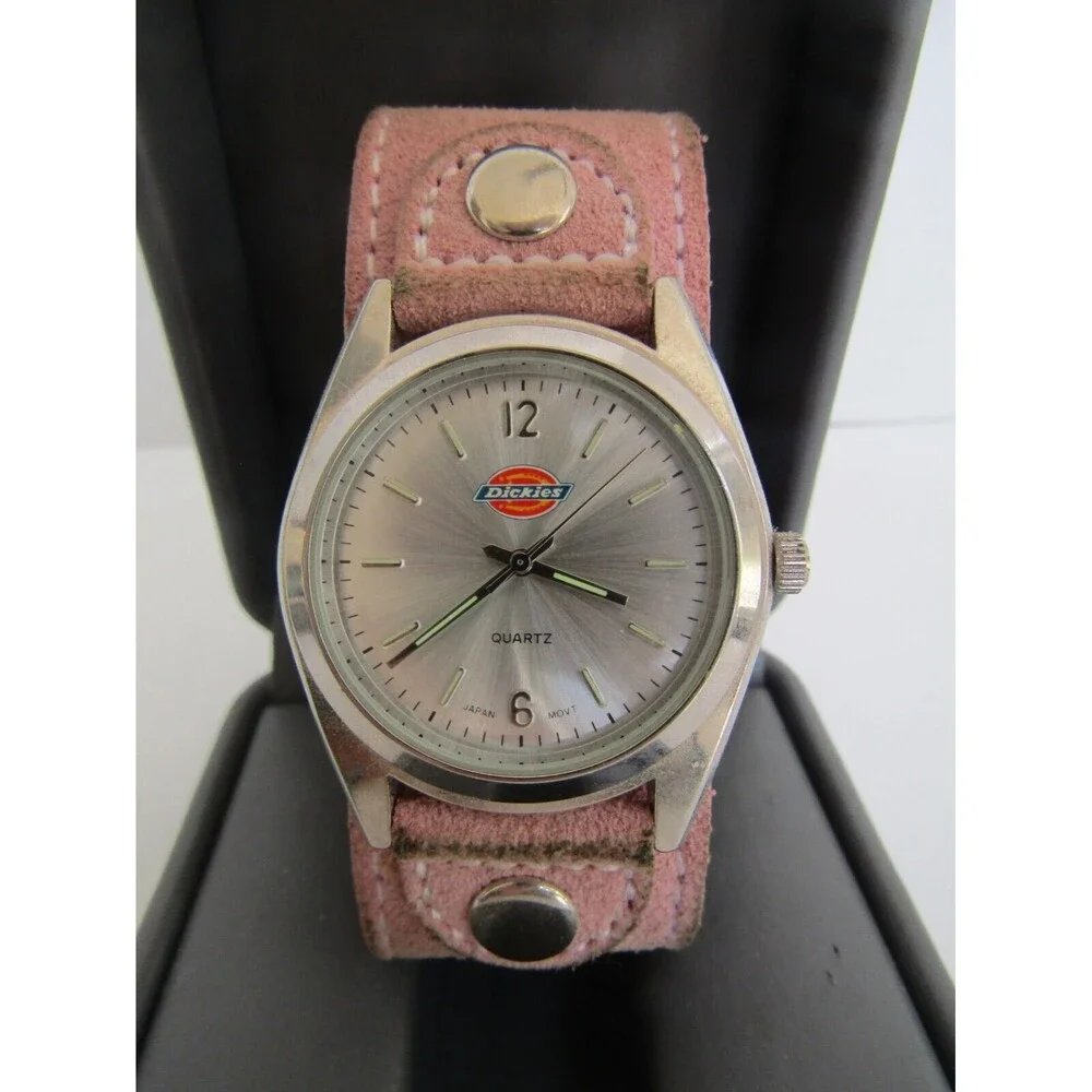 Dickies Quartz Watch Vintage Pink Suede Leather Band With Box Papers Tag Womens